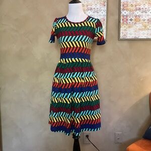 XS stretchy Lularoe Rainbow Chevron Amelia dress with sleeves and pockets